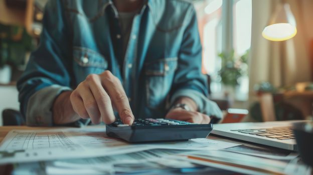 Person using a financial calculator, planning their savings and investments